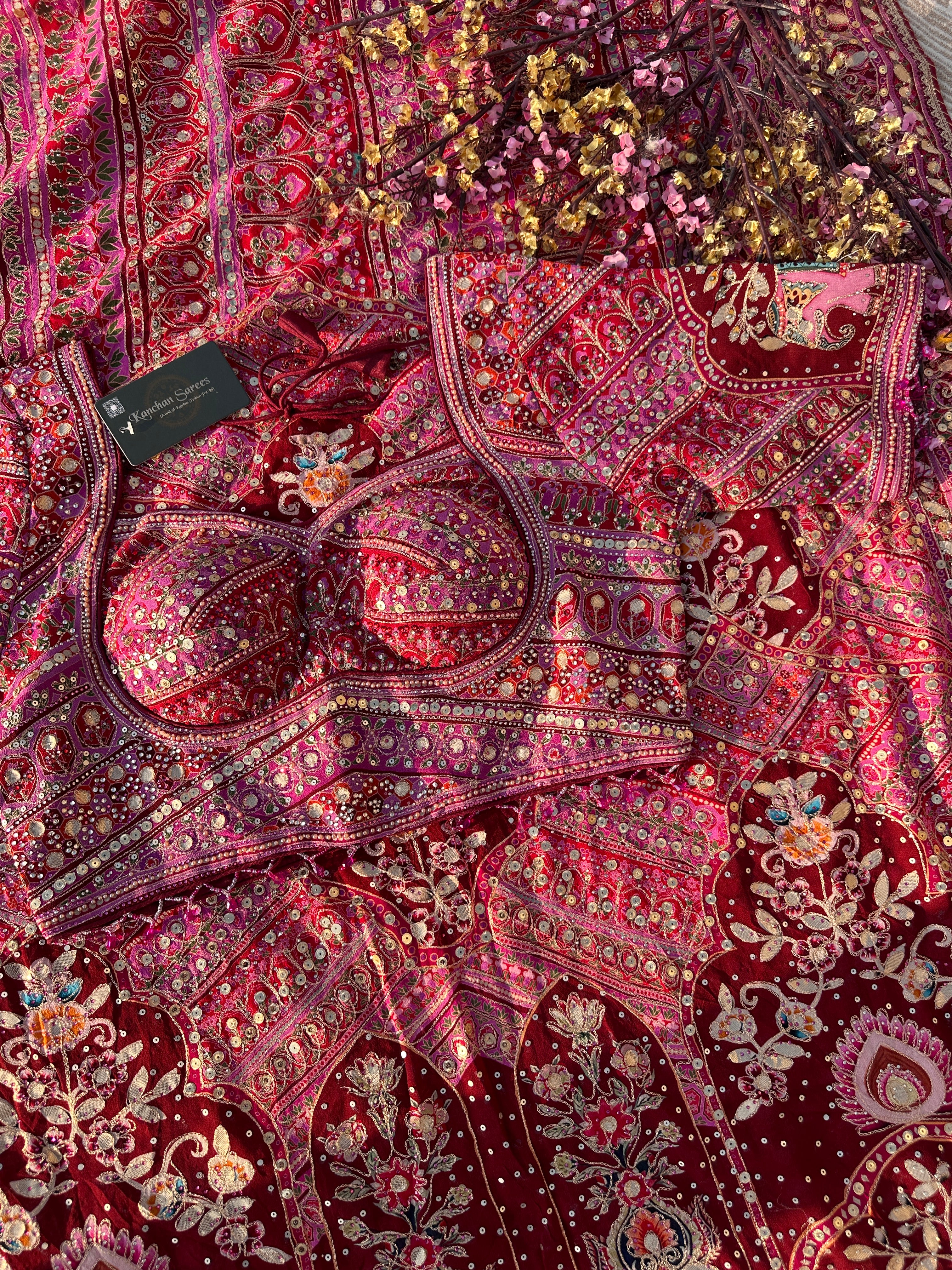 Mehroon Georgette Saree with Blouse with Sequins, Zari, Gota, Swarovski and Printed Embroidery 16